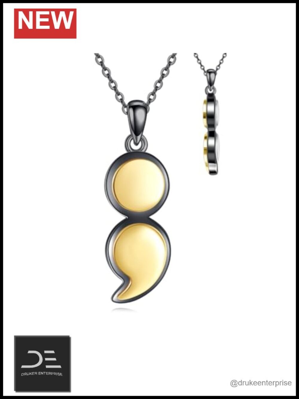 Semicolon Necklace 925 Sterling Silver 18K Gold Plated Pendant Double-Sided Wear